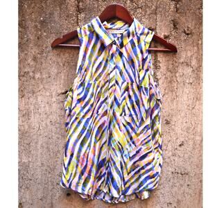 Trina Turk 100% Silk Sleeveless Button-Down Blouse Small Multicolor Geometric